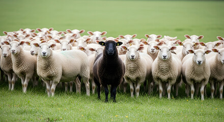 Fototapeta premium in herd of black sheep one white sheep, difference between white sheep and black sheep, white sheep in black sheep , difference between mindset, difference between evil and good deeds, 