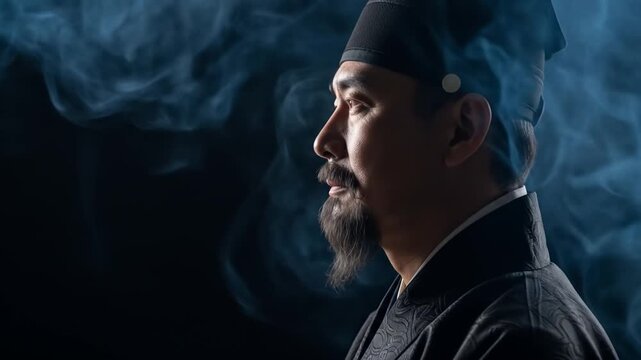 Bearded man in traditional Asian attire, dark hat, patterned robe, with blue smoke