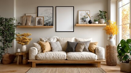 interior design of modern living room with beige fabric sofa and cushions. White wall with frame and space for text, living, furniture