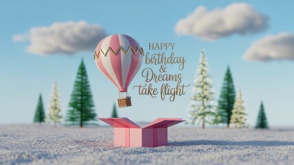 Birthday Wish: A charming scene featuring a hot air balloon emerging from a gift box, surrounded by cheerful text, celebrating wishes and dreams.