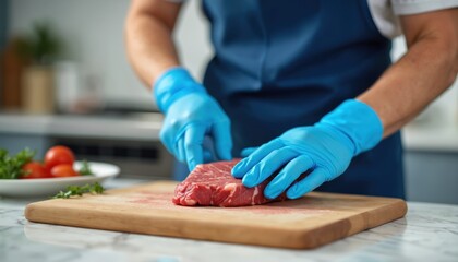 Hands wear blue gloves cutting raw beef steak on wooden board. Fresh tomatoes and greens sit nearby. Preparing meal in clean kitchen for healthy food.