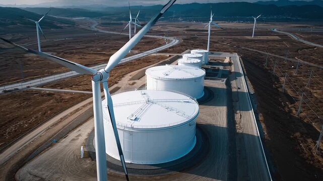 Large white storage tank and wind turbine farm illustrating hydrogen energy transition with renewable power sustainable industrial landscape casting