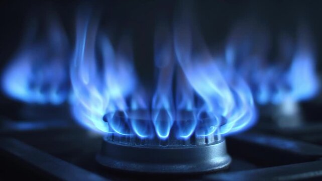 Blue gas flame stove and stovetop illustrating hydrogen energy transition with dynamic blue burner heat, warm kitchen stove atmosphere and household