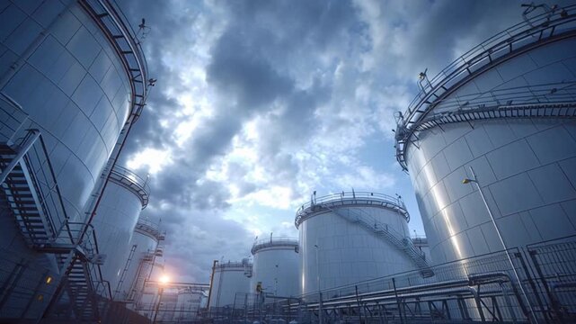 Hydrogen energy transition industrial storage tank refinery fuel storage tanks dramatic sky conveying renewable fuel shift and industrial