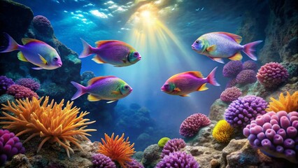 Fototapeta premium Vibrant aquatic life flourishes with sunbeams illuminating a colorful coral reef teeming with iridescent fish.