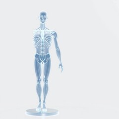 Holographic human anatomy model displaying the skeletal structure and nervous system in a bright futuristic medical display