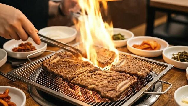 Close up of Korean BBQ short ribs grilling on a metal grate with steam rising and various side dishes on the table.