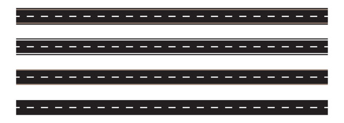 City road and highway top view. Street and road with footpaths and crossroads. Wavy winding curves roads and horizontal path. Vector black car road icons set. Top view of race track and highway.