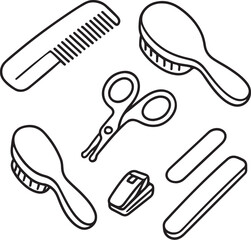 Baby Grooming Kit Line Art Comb, Brush, Scissors, Clippers Set.eps
