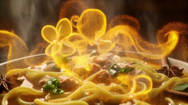 Steaming Hot Ramen Bowl with Magical Golden Swirls and Spices
