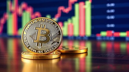 A gold Bitcoin coin representing cryptocurrency investment. A financial trading chart shows market price fluctuations in the background. Digital economy and blockchain technology concept - Powered by Adobe