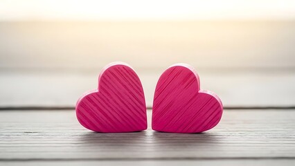 Two pink heart shaped objects on a wooden surface with blurred background