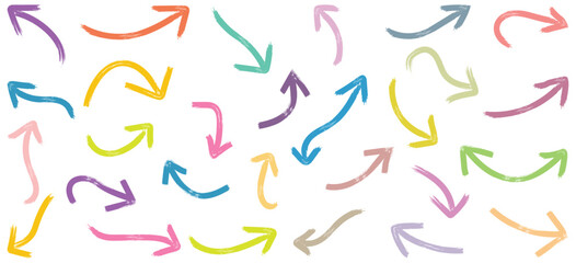 Set of colorful geometric shapes, curls, waves arrows. Brush hand drawn grunge thick arrows. Arrow crayon pastel pencil chalk color line stroke. A collection of colorful hand drawn arrows.
