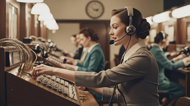 Retro Telephone Operator Connects Call on Switchboard Panel