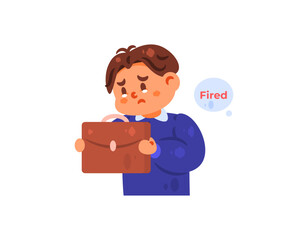 Illustration of an employee or staff member sad because he was fired. worker dismissal. termination of employment. man holding a briefcase. work problems. cute flat style character. white background
