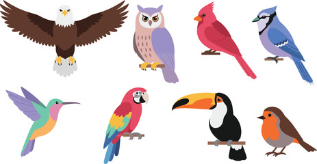 Variety of colorful birds on branches