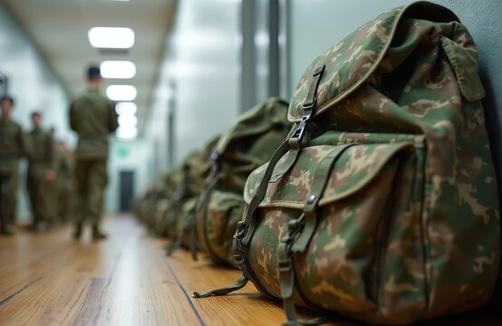 Camouflage backpacks line a barrack hallway. Soldiers wait in formation for training. Military gear sits ready for duty and deployment. Readiness and order prevail.