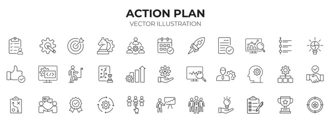 Action plan editable stroke outline icons set. Goal, collaboration, strategy, tasks, action, planning and analysis © rafkat