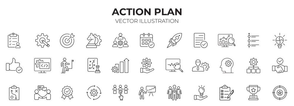 Action plan editable stroke outline icons set. Goal, collaboration, strategy, tasks, action, planning and analysis
