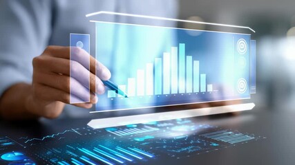 Person uses stylus to analyze interactive data visualizations on transparent digital screen. Scene represents advanced analytics, financial technology, smart business decision making tools - Powered by Adobe