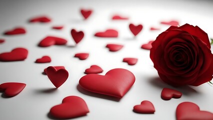 A romantic arrangement of red hearts and a single rose on a white background for valentine s day