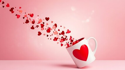 A white teacup with a red heart pours out a cascade of smaller red hearts