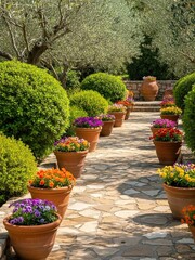 Serene Mediterranean Garden Pathway with Terracotta Pots and Vibrant Spring Flowers