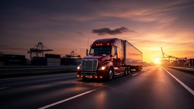 Red semi-truck drives on highway at golden hour, port cranes and containers in background