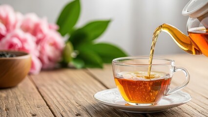 Pouring hot tea into a cup with flowers in the background