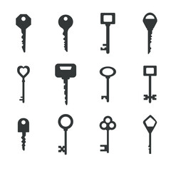 A set of door keys. Vector illustration in flat style. Key silhouettes isolated on a white background.