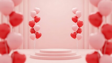 Valentine s day themed pink background with heart shaped balloons and a round podium