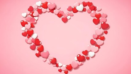Valentine s day heart shape made of smaller hearts in various shades of red and pink on a pink background