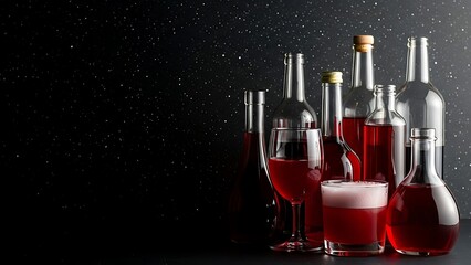 A collection of glass bottles and glasses filled with red wine on a dark background