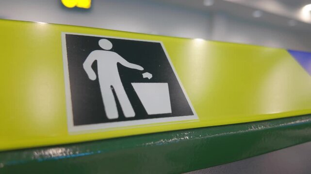 Close-up of a waste disposal sign on a bright yellow and green background, symbolizing environmental awareness and cleanliness in a public area
