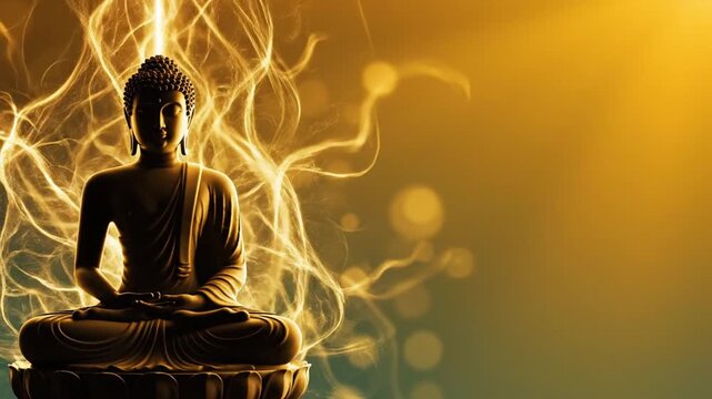 Buddhist Meditation Retreat Banner With Seated Buddha Silhouette and Calm Energy Lines
