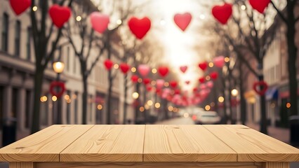 Romantic city street decorated with heart shaped balloons and wooden table