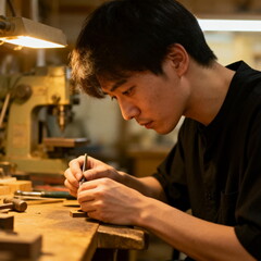 Young Asian Craftsman Working in Workshop