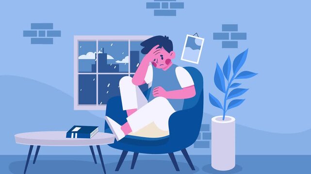 Animated man stressed at night on sofa. Flat graphic animated cartoon