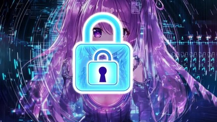 A glowing padlock icon representing cybersecurity. An anime girl in a futuristic digital background with data streams. Data protection and online privacy concept - Powered by Adobe