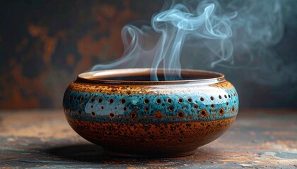 Ceramic pot with turquoise, brown, and black glaze emitting smoke on beige background