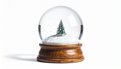 Minimalist snow globe with white snow mound and wooden base on white background