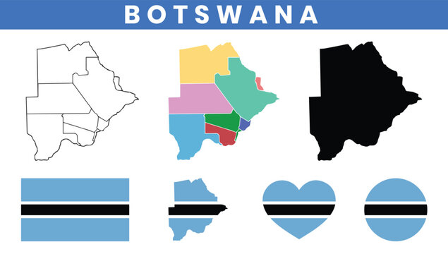 Botswana Map Shapes and National Flag Vector Set