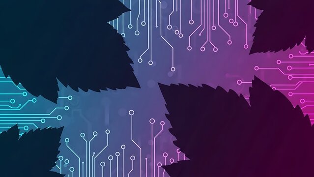 Abstract digital circuitry background with purple pink and blue tones. - Powered by Adobe