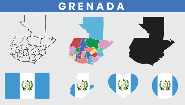 Guatemala map set with departments outline silhouette and national flag icons