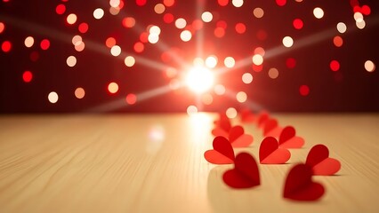 A romantic arrangement of red heart shapes leading to a bright light
