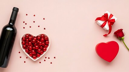 Valentine s day still life with wine chocolates and roses on a pink background