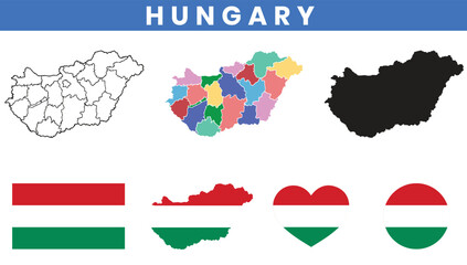 Hungary map set with counties outline silhouette and national flag icons