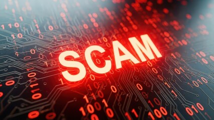 Scam text overlaying a digital circuit board with binary code