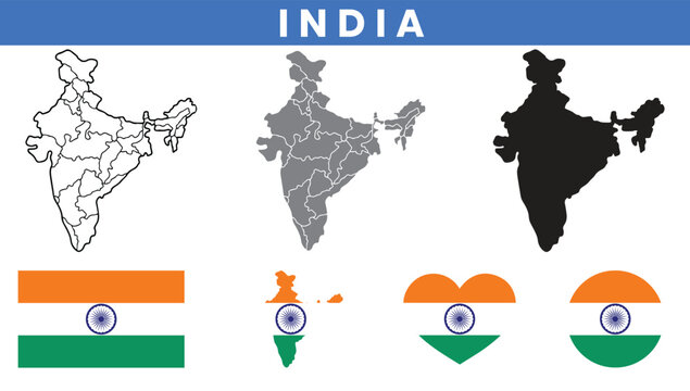 India map set with states outline silhouette and national flag icons