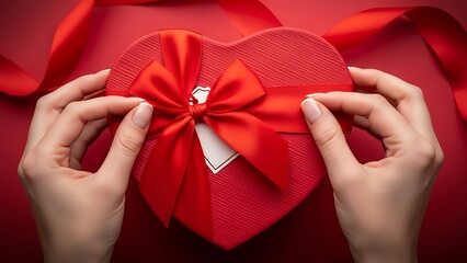 Romantic heart shaped gift wrapped in red paper with a bow